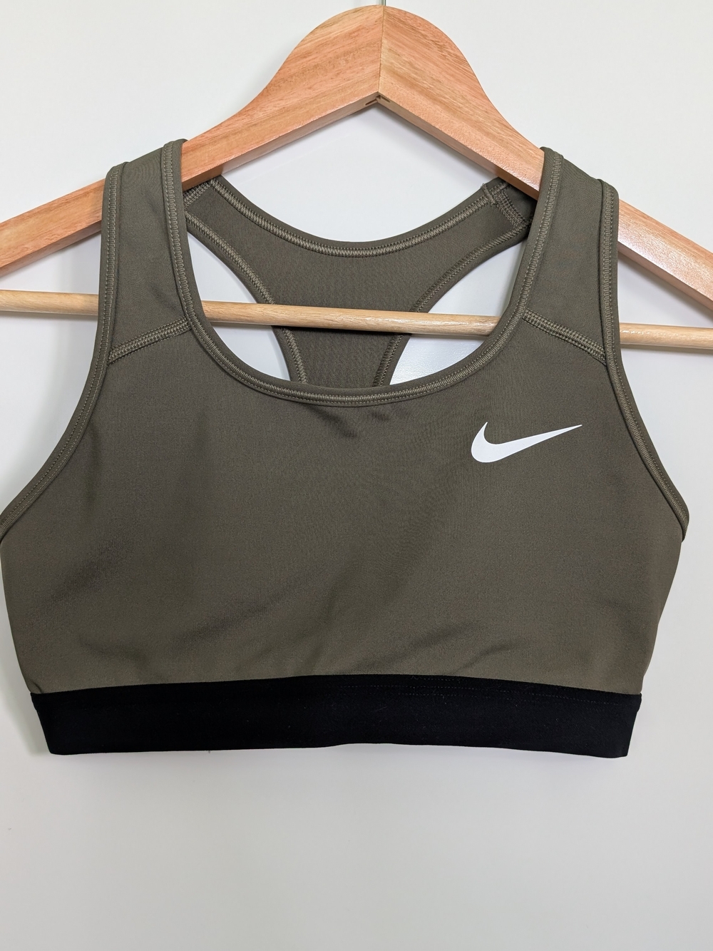 Nike Olive Green Sports Bra with Black Band and White Swoosh